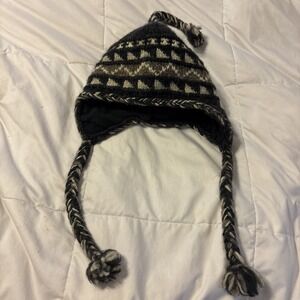 Everest Designs Nepal 100% Wool Winter Hat Fleece Lined Gray Brown Earflap Hat